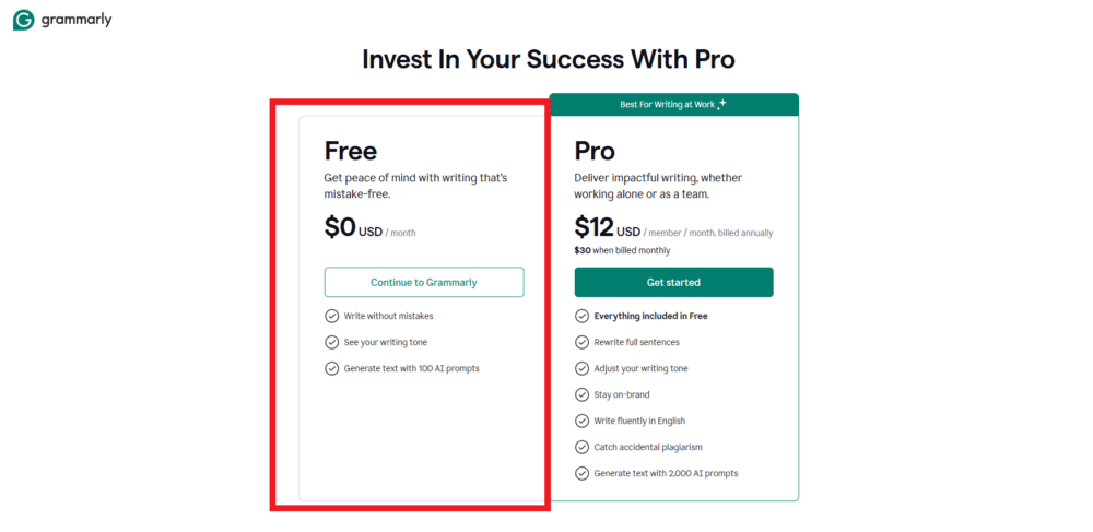 Invest In Your Success With Pro』というページに遷移