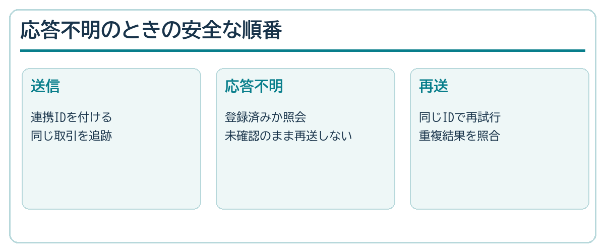 連携IDを付け、応答不明時は相手側を照会してから再送する流れ