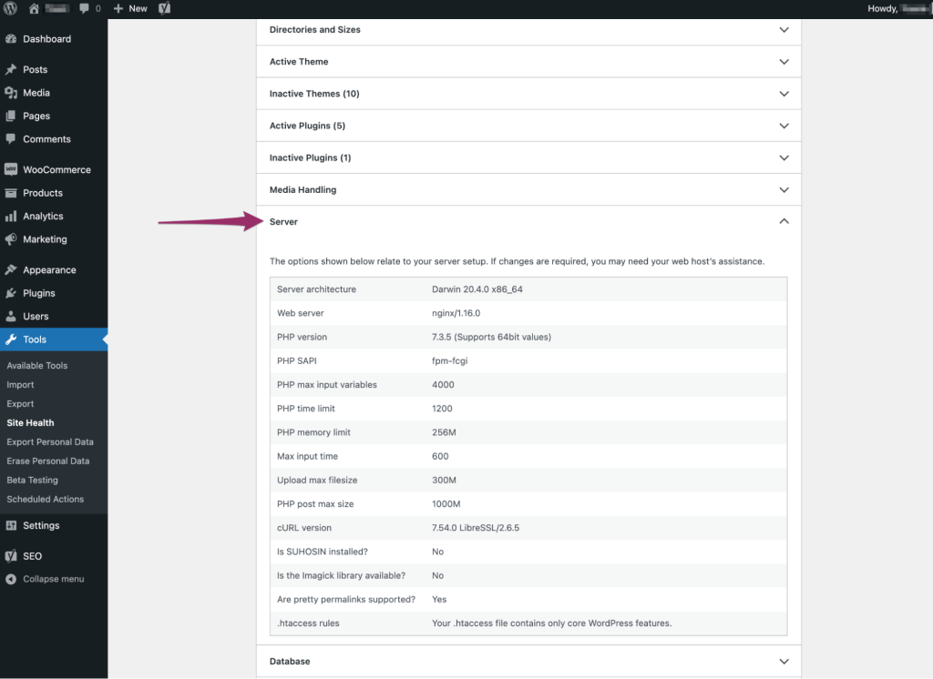 WordPress.org公式資料に掲載されたサイトヘルスの『情報』→『サーバー』画面例